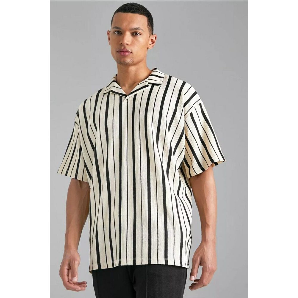 Boohoo Man Black White Striped Loose Fit Strip Crinkle Shirt Size L‎